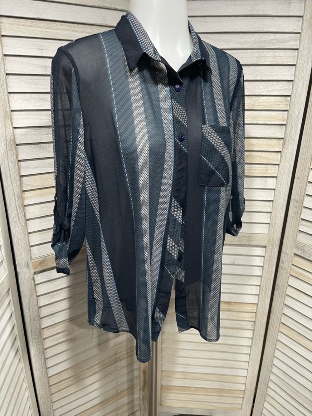 Love Potion Sheer Patterned Button-Up Blouse in Black and Light Blue
